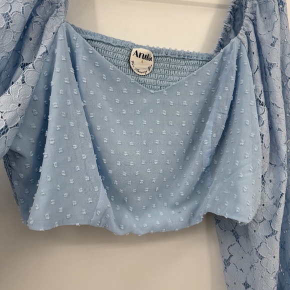 Arula Top Women A 1X NEW Blue Cottagecore Lace Long Sleeve Cropped Puff Sleeves - Picture 4 of 11